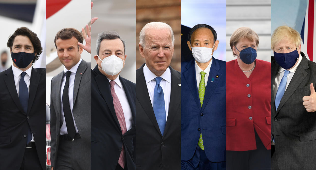 The leaders of the G7 nations: Justin Trudeau, Emmanuel Macron, Mario Draghi, Joe Biden, Yoshihide Suga, Angela Merkel and Boris Johnson. (PA Images)