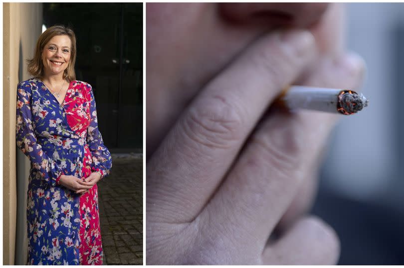 A college featuring Ailsa Rutter in a floral dress and a person smoking