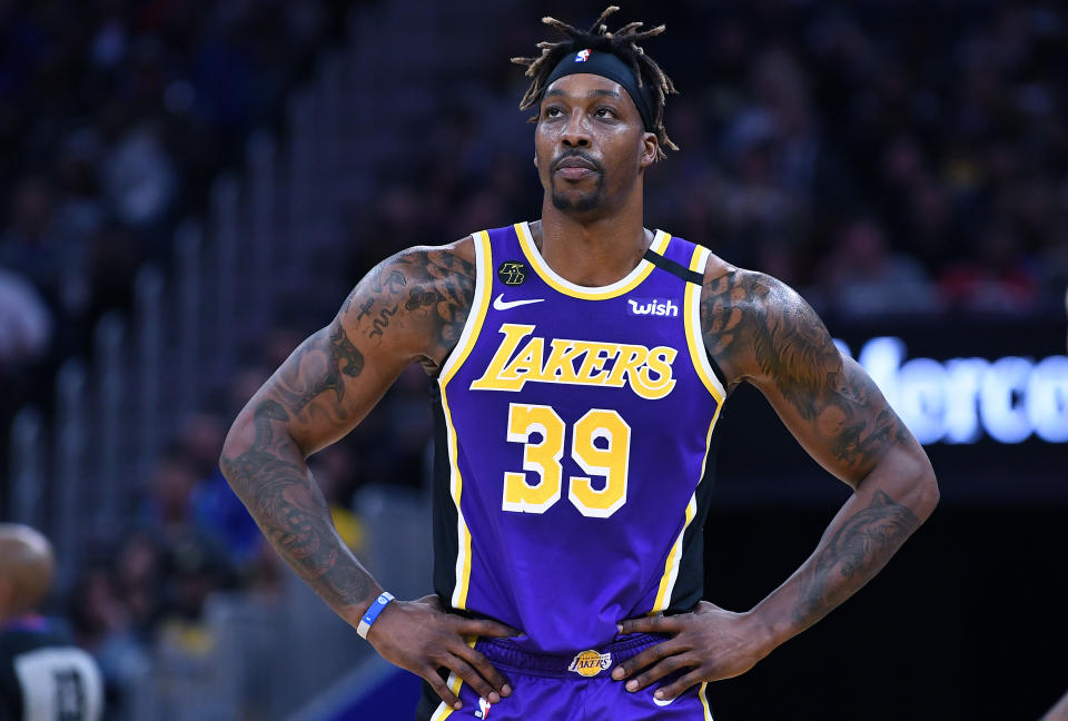 Dwight Howard #39 of the Los Angeles Lakers looks on against the Golden State Warriors during an NBA basketball game at Chase Center on February 08, 2020 in San Francisco, California.