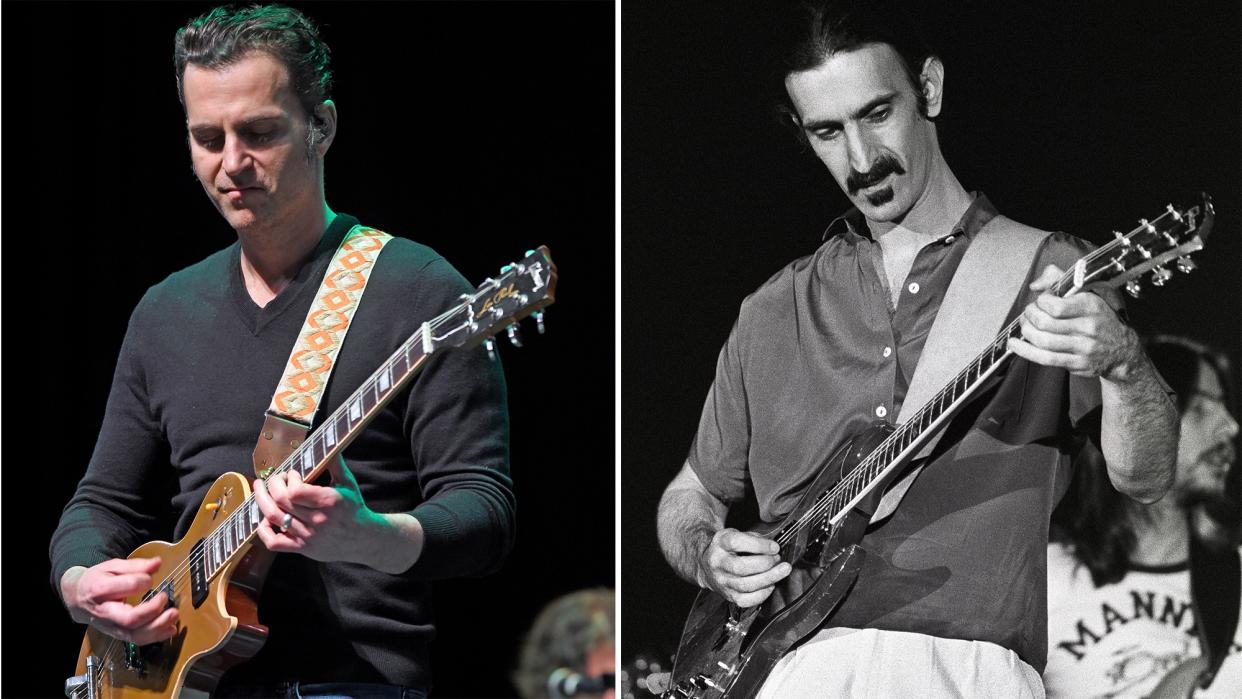  Dweezil Zappa (left) and Frank Zappa perform onstage. 