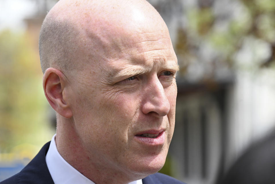 Lee Kindlon, attorney for Nauman Hussain, speaks with reporters during a new trial in Schoharie, N.Y., on Monday, May 1, 2023. Judge Peter Lynch, rejected a plea agreement for Hussain, who ran the limousine company involved in the 2018 crash that killed 20 people, to avoid prison time. (AP Photo/Hans Pennink)