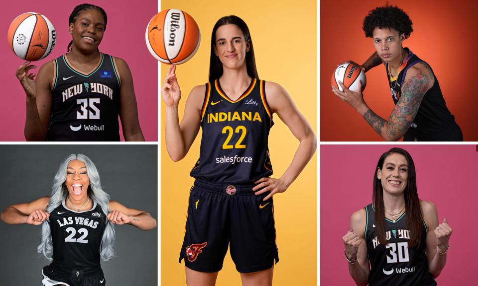 <span>This WNBA season will feature stars such as <a class="link " href="https://sports.yahoo.com/wnba/players/10154/" data-i13n="sec:content-canvas;subsec:anchor_text;elm:context_link" data-ylk="slk:Caitlin Clark;sec:content-canvas;subsec:anchor_text;elm:context_link;itc:0">Caitlin Clark</a>, <a class="link " href="https://sports.yahoo.com/wnba/players/5057/" data-i13n="sec:content-canvas;subsec:anchor_text;elm:context_link" data-ylk="slk:Brittney Griner;sec:content-canvas;subsec:anchor_text;elm:context_link;itc:0">Brittney Griner</a>, <a class="link " href="https://sports.yahoo.com/wnba/players/5912/" data-i13n="sec:content-canvas;subsec:anchor_text;elm:context_link" data-ylk="slk:A’ja Wilson;sec:content-canvas;subsec:anchor_text;elm:context_link;itc:0">A’ja Wilson</a>, <a class="link " href="https://sports.yahoo.com/wnba/players/5625/" data-i13n="sec:content-canvas;subsec:anchor_text;elm:context_link" data-ylk="slk:Breanna Stewart;sec:content-canvas;subsec:anchor_text;elm:context_link;itc:0">Breanna Stewart</a> and <a class="link " href="https://sports.yahoo.com/wnba/players/5547/" data-i13n="sec:content-canvas;subsec:anchor_text;elm:context_link" data-ylk="slk:Jonquel Jones;sec:content-canvas;subsec:anchor_text;elm:context_link;itc:0">Jonquel Jones</a>. </span><span>Composite: NBAE/Getty Images; Getty Images</span>