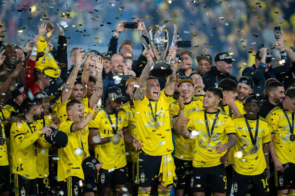 Dec 9, 2023; Columbus, OH, USA;
Columbus Crew celebrates their 2-1 win over Los Angeles FC on Saturday, Dec. 9, 2023 at Lower.com Field for the 2023 MLS Cup championship game. Mandatory Credit: Clare Grant-USA TODAY Sports