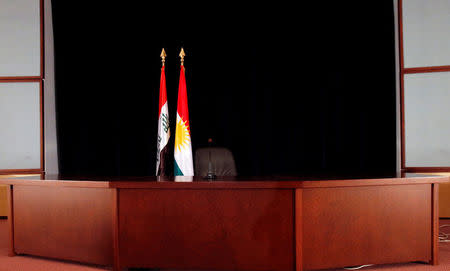 The platform of Iraqi Kurdish president Masoud Barzani press conference is seen before his coming in Erbil, Iraq September 24, 2017. REUTERS/Azad Lashkari