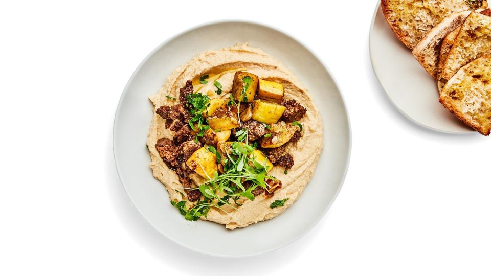 <h1 class="title">Hummus with Spiced Summer Squash and Lamb</h1><cite class="credit">Photo by Chelsie Craig, Food Styling by Frances Boswell</cite>