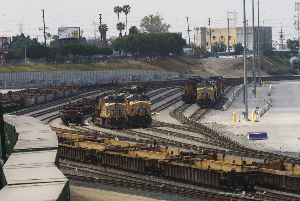 The Union Pacific LATC Intermodal Terminal is seen on Tuesday, April 25, 2023 in Los Angeles. California's Air Resources Board is set to vote on a rule to cut greenhouse gas and smog-forming emissions from diesel-powered locomotives used to pull rail cars through ports and railyards. (AP Photo/Damian Dovarganes)