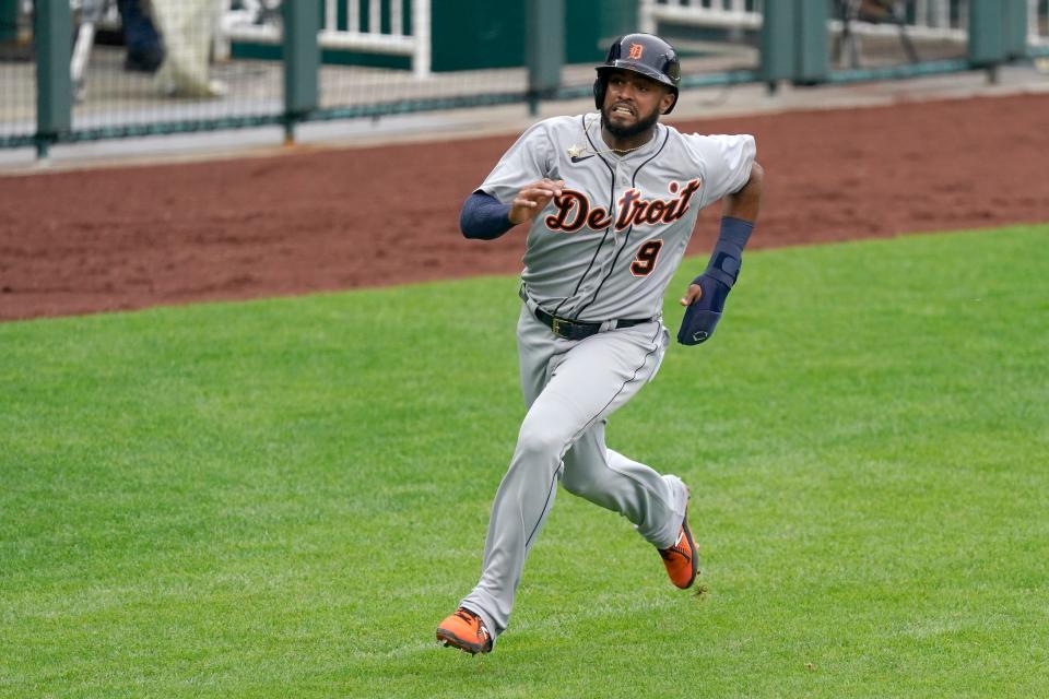 Detroit Tigers' Willi Castro runs home to score on a two-run single by Akil Baddoo during the second inning of a baseball game against the Kansas City Royals Saturday, May 22, 2021, in Kansas City, Mo.
