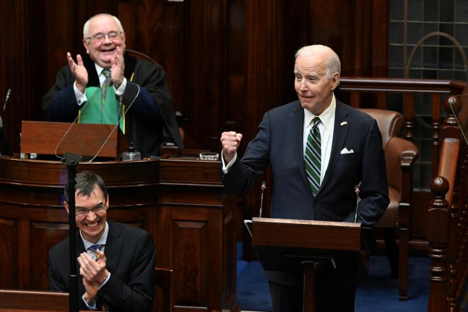 Biden becoms the fourth president to address the Houses of the Oireachtas at Leinster House, Dublin (via REUTERS)