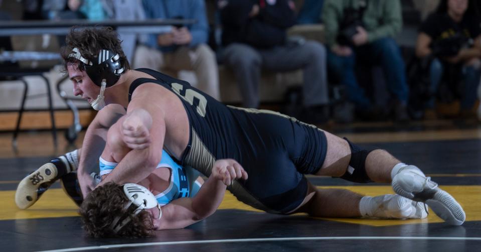 Southern's Cole Velardi (right), shown wrestling Christian Brothers Academy's Anthony Lawrence on Jan. 10, had a 9-1 major decision over Phillipsburg's Hunter Cleaver Thursday night in the Rams' 42-12 win.