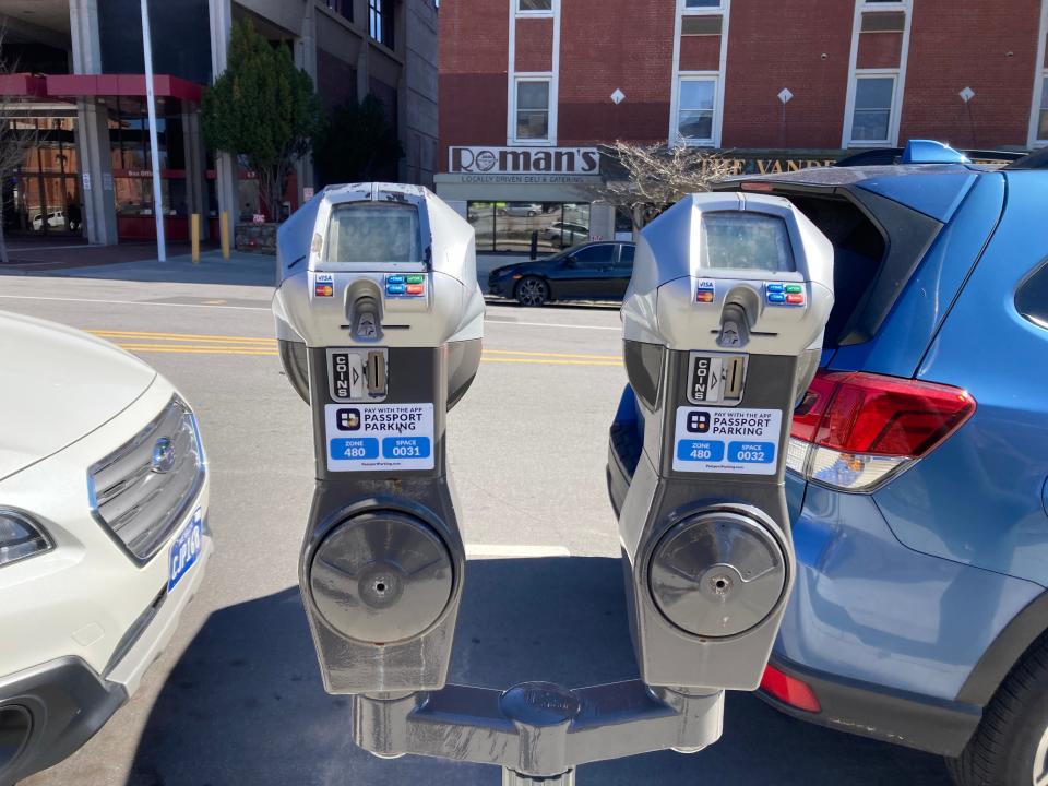 Two IPS Group meters affixed to a pole with a "yoke" on Haywood Street in downtown Asheville.