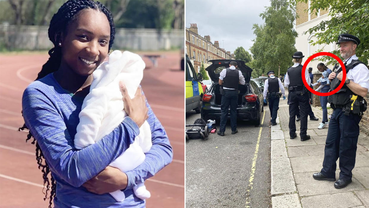 A 50-50 split image shows Bianca Williams on the left, and a picture depicting the scene after she was wrongly pulled over and searched by Metropolitan Police.