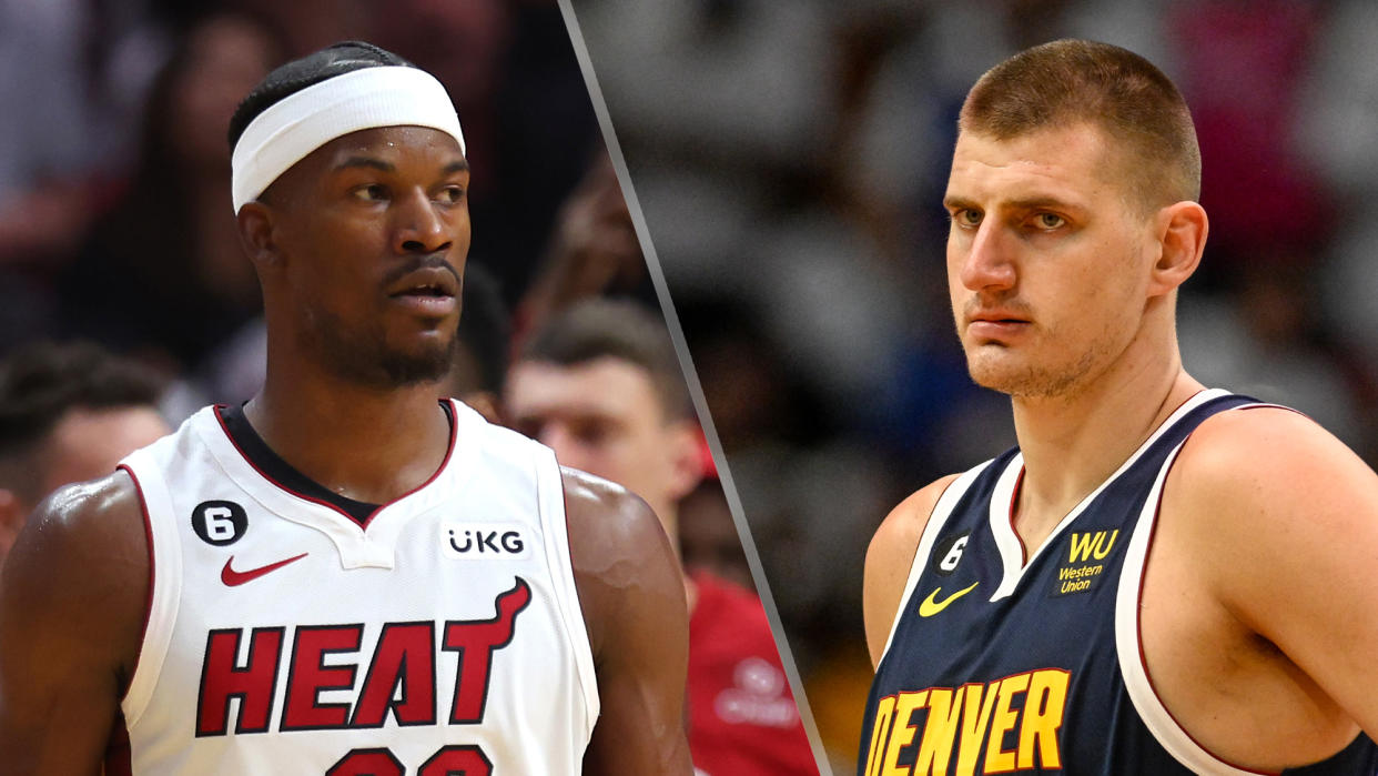  (L, R) Jimmy Butler and Nikola Jokic will face off in the Heat vs Nuggets live stream of Game 5 of the 2023 NBA Finals 