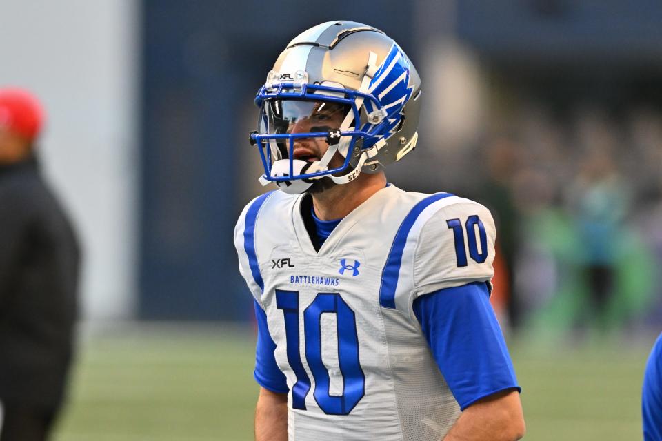 Feb 23, 2023; Seattle, WA, USA; St. Louis Battlehawks quarterback AJ McCarron (10) during pregame warmups prior to the game against the Seattle Sea Dragons at Lumen Field. Mandatory Credit: Steven Bisig-USA TODAY Sports