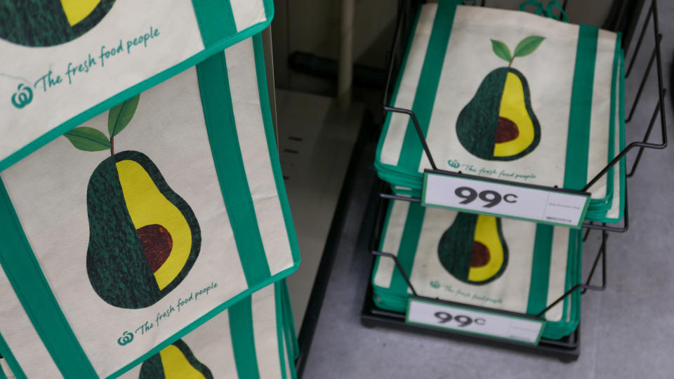 Reusable fibre shopping bags are displayed in a plastic bag-free Woolworths supermarket. Source: Reuters/Jill Gralow