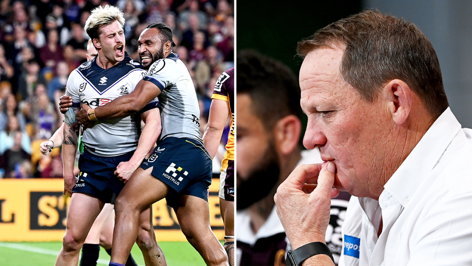 Brisbane Broncos coach Kevvie Walters (pictured right) looking frustrated and (pictured left) Cameron Munster celebrating a try.