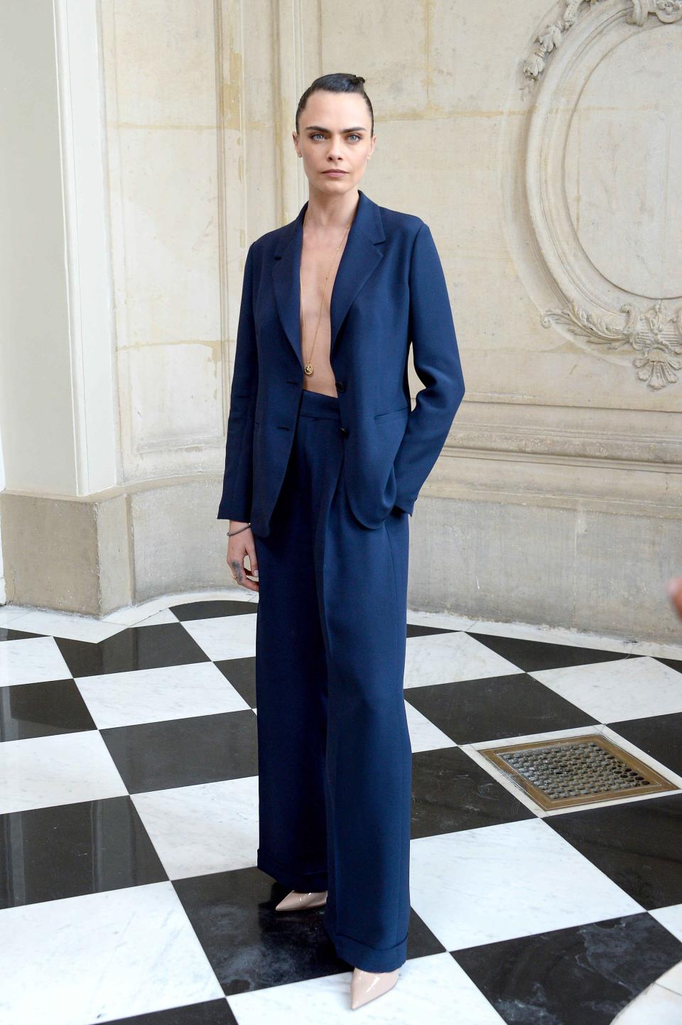 Cara Delevingne attends the Christian Dior Haute Couture Fall/Winter 2021/2022 show as part of Paris Fashion Week on July 05, 2021