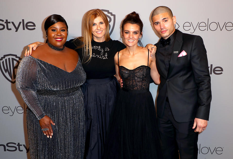 <p>Actors Raven Goodwin, Connie Britton, Frankie Shaw, and Miguel Gomez attend the 2018 InStyle and Warner Bros. party. (Photo: Joe Scarnici/Getty Images for InStyle) </p>