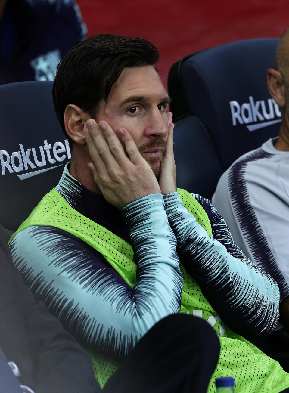 FC Barcelona's Lionel Messi gestures as he sits on the bench prior to the Spanish La Liga soccer match between FC Barcelona and Athletic Bilbao at the Camp Nou stadium in Barcelona, Spain, Saturday, Sept. 29, 2018. (AP Photo/Manu Fernandez)