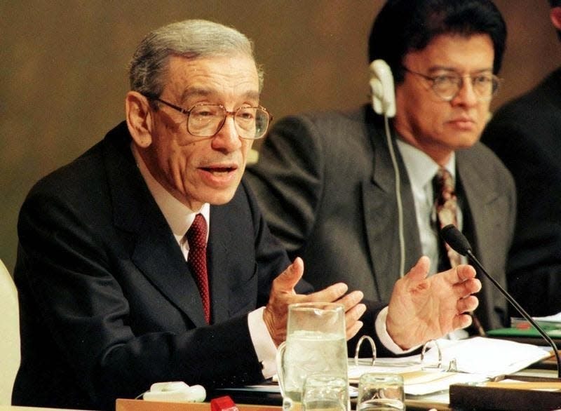 File photo of then Secretary General Boutros Boutros-Ghali (L) speaks before the General Assembly as part of Human Rights Day activities at the United Nations in New York December 10, 1996. 