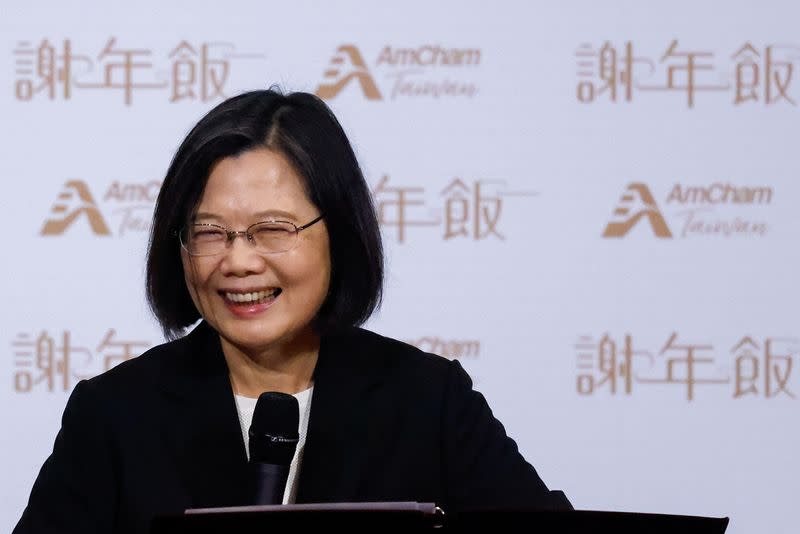 Taiwanese President Tsai Ing-wen speaks at an American Chamber of Commerce event in Taipei