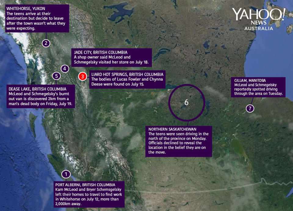 A map shows Kam McLeod and Bryer Schmegelsk's movements across northern Canada as they flee from authorities.