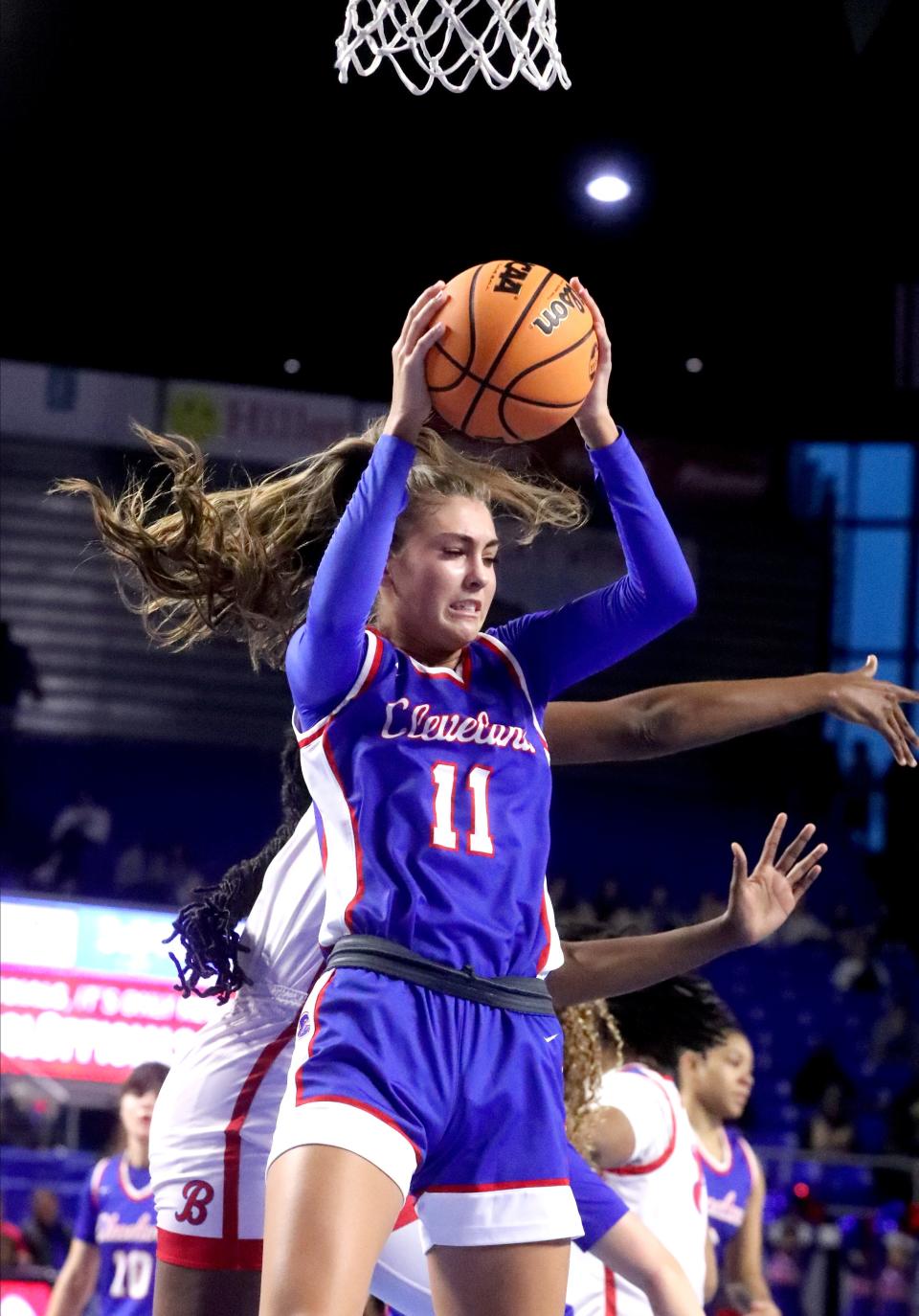 Cleveland's guard Lauren Hurst (11) grabs a rebound under Bartlett basket during a TSSAA high school girls basketball Semifinal Class 4-A game, on Friday, March 8, 2024.
