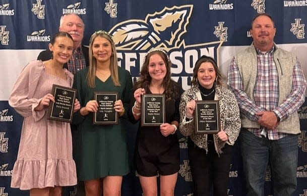 JCHS Lady Warrior Softball Superlatives: Coach Jim Borum, Paris Russell, Lady Warrior Award; Lily Vaughn, Spirit Award, Sophie Brown, Defensive Player of the Year; Jalyn Hammond, Offensive Player of the Year, Coach Mitch Vaughn