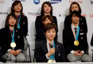 Pyeongchang 2018 Winter Olympics Women's speed skating gold medallist Nao Kodaira (C) attends a news conference with other medallists upon their return from the Pyeongchang Winter Games, in Tokyo, Japan, February 26, 2018. REUTERS/Toru Hanai