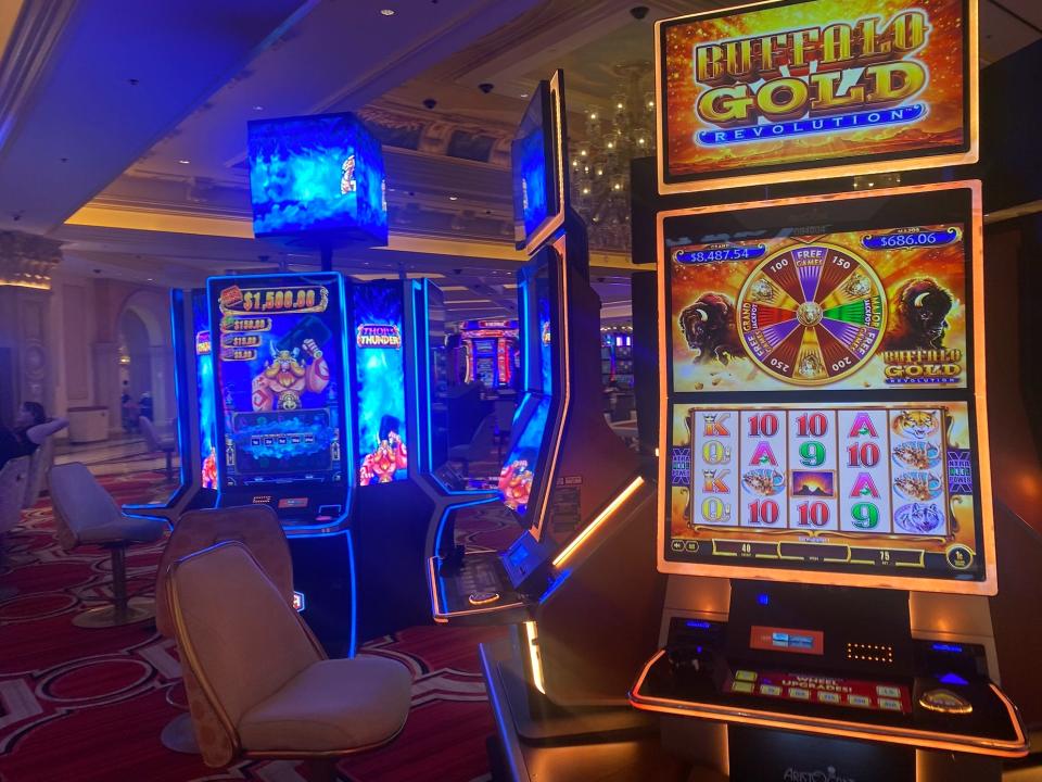 interior shot of slot machines at a casino in las vegas