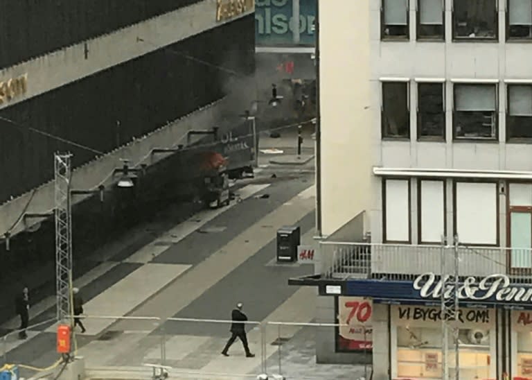 A truck pictured after crashing into the Ahlens department store on Drottninggatan in central Stockholm, on April 7, 2017