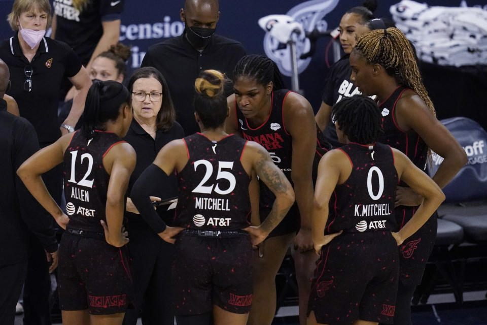 Indiana Fever coach Marianne Stanley talks to the team during the second half of a WNBA basketball game against the Seattle Storm, Thursday, June 17, 2021, in Indianapolis. (AP Photo/Darron Cummings)