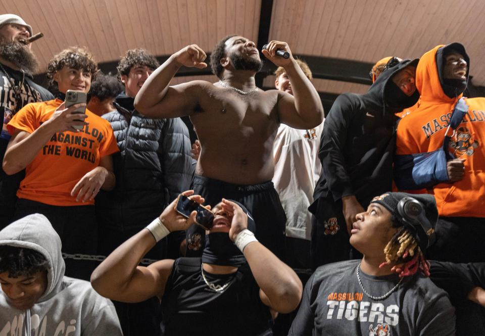 Michael Wright Jr. thanks the city of Massillon and his team at a rally at Duncan Plaza in Massillon shortly after they defeated Hoban for the Division II state championship at Tom Benson Hall of Fame Stadium in Canton.