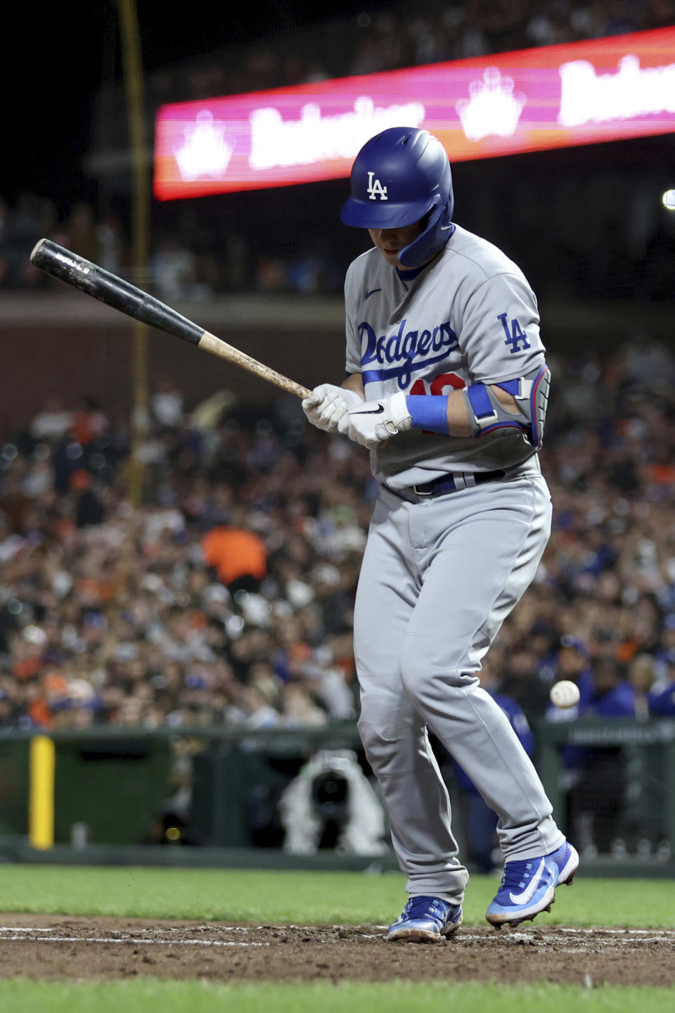 Los Angeles Dodgers' Will Smith is hit by a San Francisco Giants pitch during the sixth inning of a baseball game in San Francisco, Friday, Sept. 29, 2023. (AP Photo/Jed Jacobsohn)