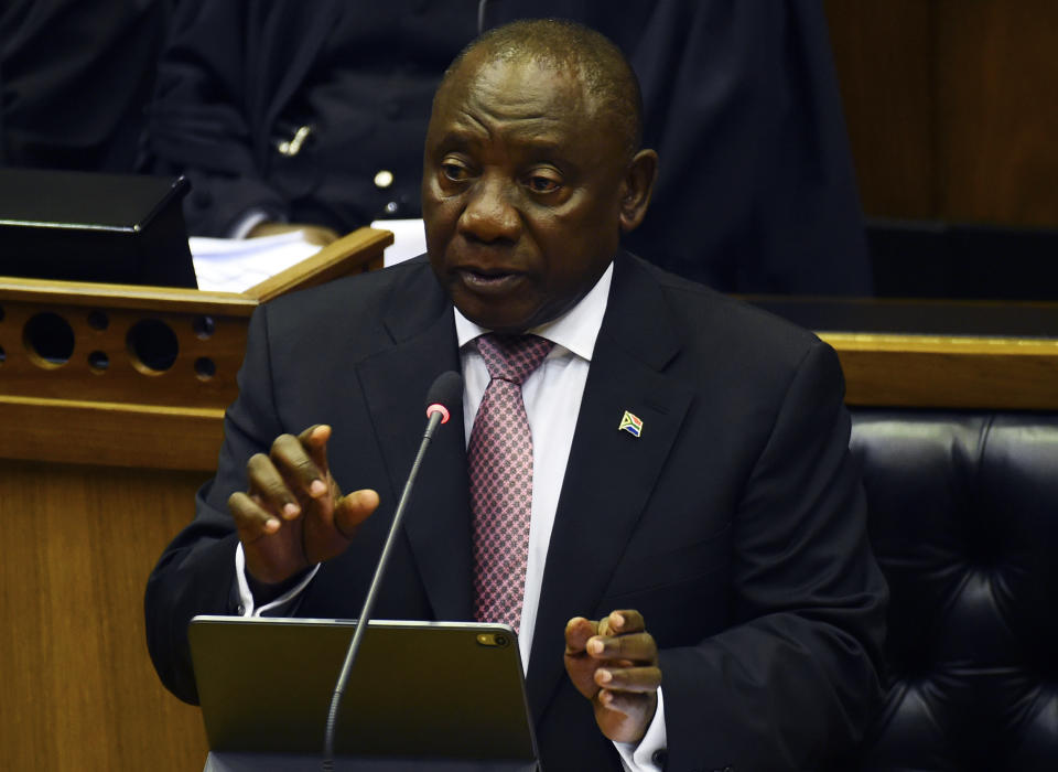 South Africa President Cyril Ramaphosa speaks to members of parliament in Cape Town, South Africa, Wednesday, May 22, 2019. Ramaphosa has taken steps to crack down on corruption Wednesday as the country's new parliament voted him to lead the country for a five-year term. (AP Photo)