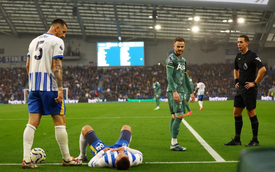 Joel Veltman goes down after a dispute with James Maddison