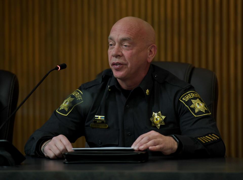 Wicomico County Sheriff's office Major Tod Richardson gives an update during the State of the County on County Executive Julie Giordano's 100th day in office Thursday, March 16, 2023, in Salisbury, Maryland.