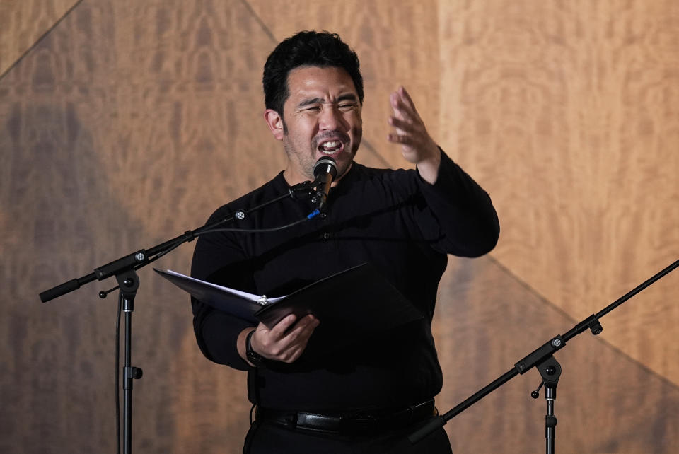 Kenzo Lee performs in "What Do I Do With All This Heritage?" on Wednesday, May 22, 2024, in Los Angeles. The show offers more than 14 true stories of Asian American Jews. (AP Photo/Ashley Landis)