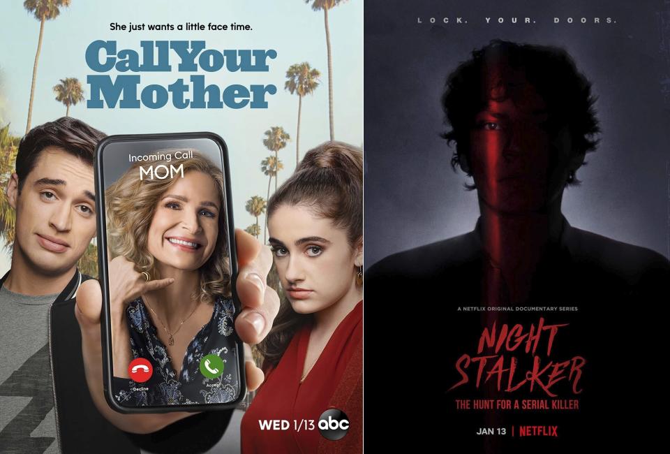 Esta combinación de fotos muestra el arte de la serie "Call Your Mother" que se transmite en ABC el míercoles, izquierda, y la serie documental "Night Stalker: The Hunt for a Serial Killer" que se estrena el 13 de enero en Netflix. (ABC, izquierda, y Netflix vía AP)