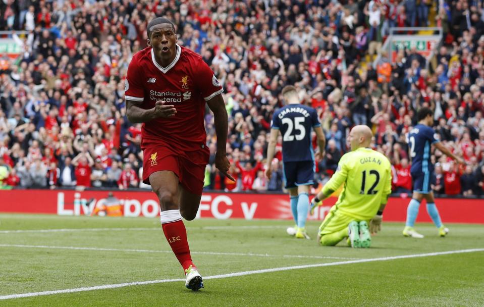 <p>Liverpool v Middlesbrough – Premier League – Anfield – 21/5/17 Liverpool’s Georginio Wijnaldum celebrates scoring their first goal as Middlesbrough’s Brad Guzan looks dejected Reuters / Phil Noble Livepic </p>