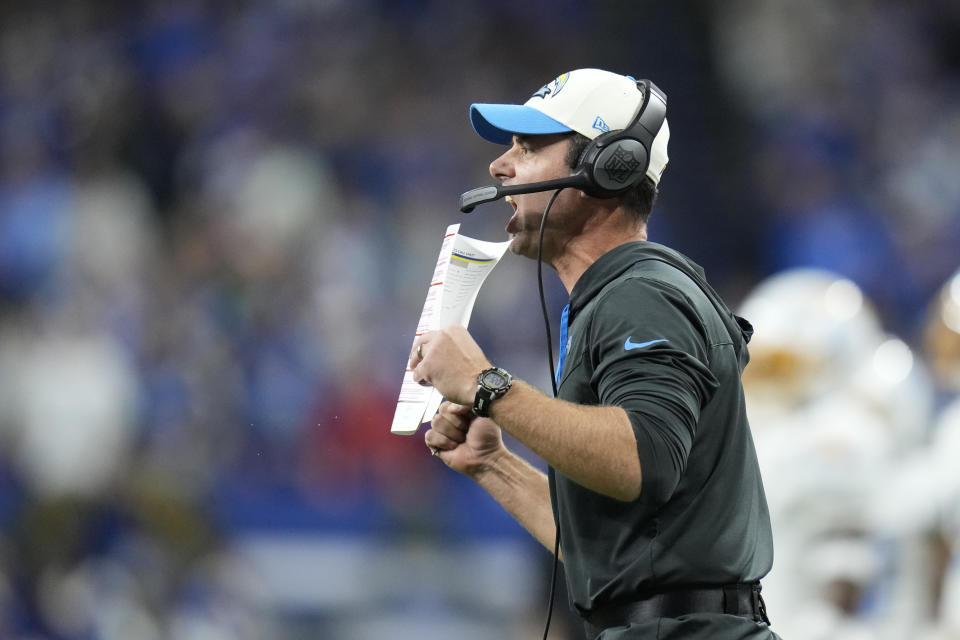 Los Angeles Chargers head coach Brandon Staley reacts to a fourth down stop during the second half of an NFL football game against the Indianapolis Colts, Monday, Dec. 26, 2022, in Indianapolis. (AP Photo/Michael Conroy)