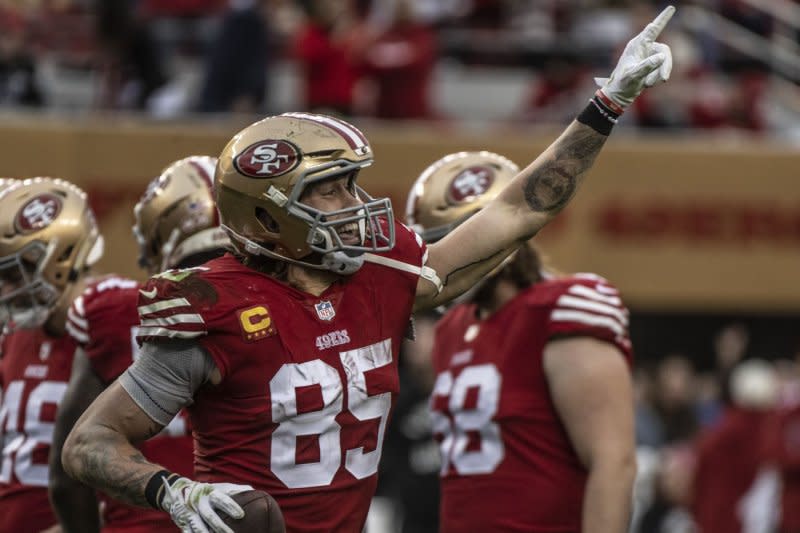 San Francisco 49ers tight end George Kittle (L) is the No. 5 player in my rankings. File Photo by Terry Schmitt/UPI