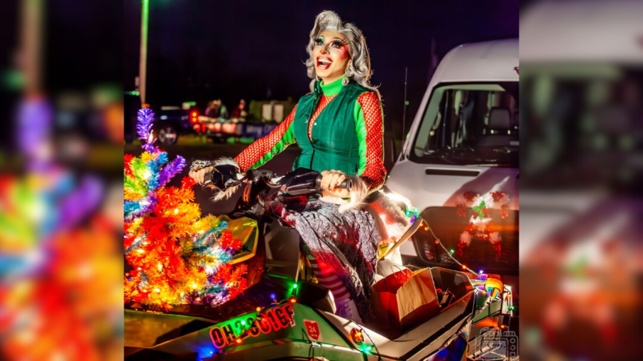 <em>Blond Vanity, a Columbus-based drag queen, performs in Bellefontaine’s 2022 Christmas parade. (Courtesy Photo/Amomda Avink) </em>