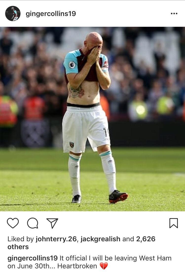 Heartbreak | Collins announced his departure on Instagram (@gingercollins19)