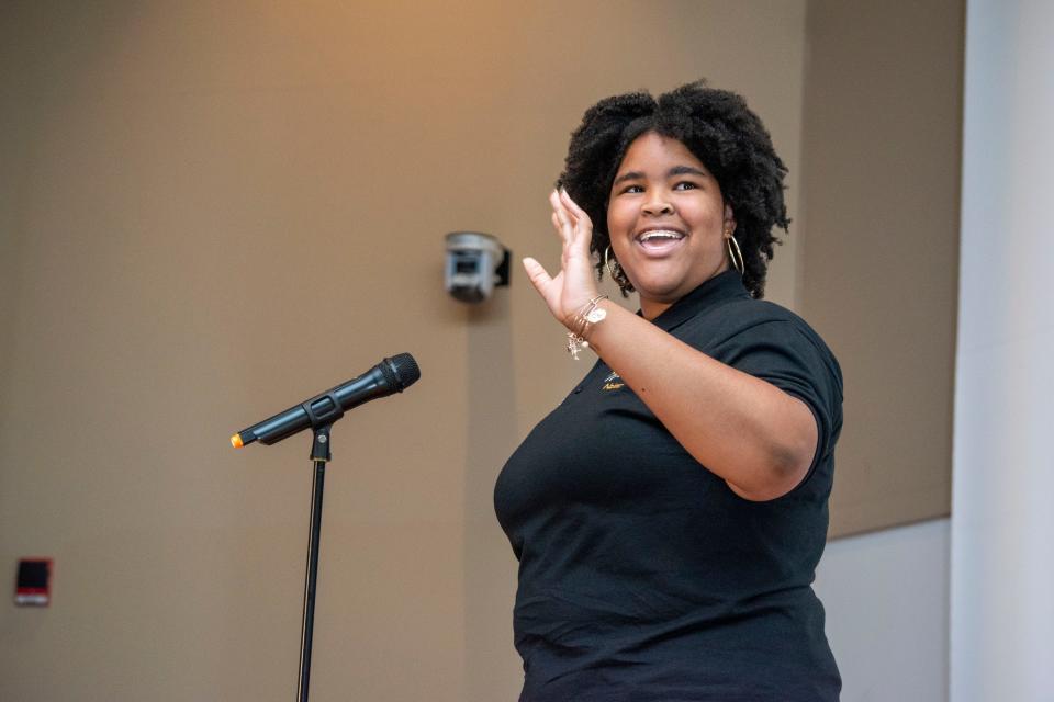 Tenth-grader Naima Thomas takes the stage at Alabama State University for the ASU ASPIRE summer camp's showcase on Friday, June 23, 2023.