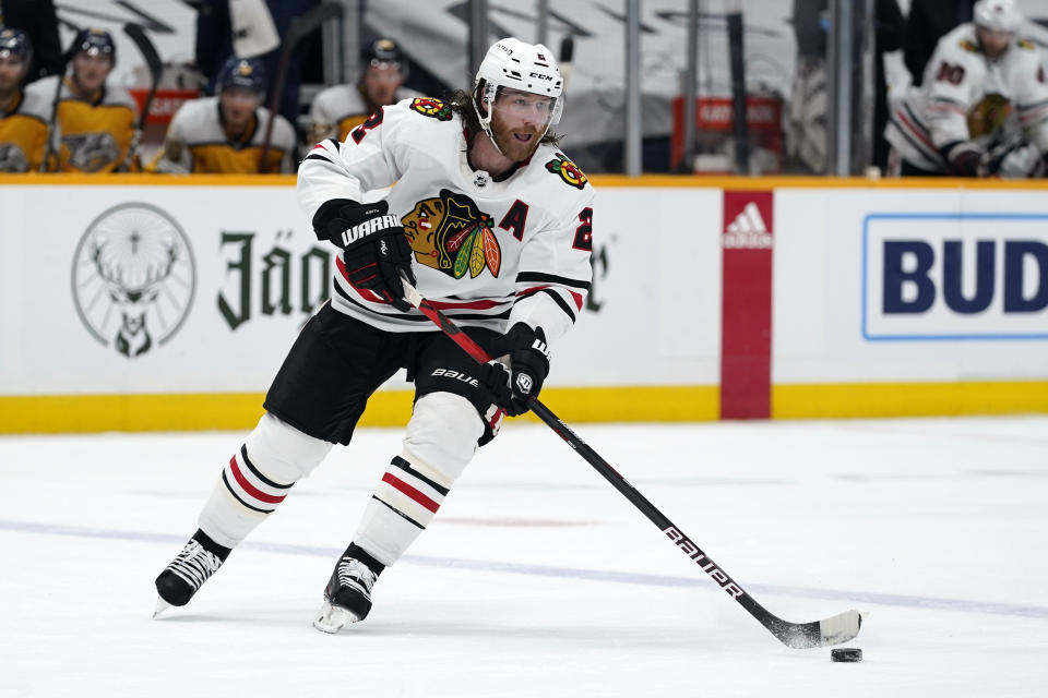 FILE - In this April 19, 2021, file photo, Chicago Blackhawks defenseman Duncan Keith (2) plays against the Nashville Predators in the first period of an NHL hockey game in Nashville, Tenn. The Blackhawks have traded two-time Norris Trophy winner Keith to the Edmonton Oilers for young defenseman Caleb Jones and a conditional 2022 third-round draft pick. (AP Photo/Mark Humphrey, File)