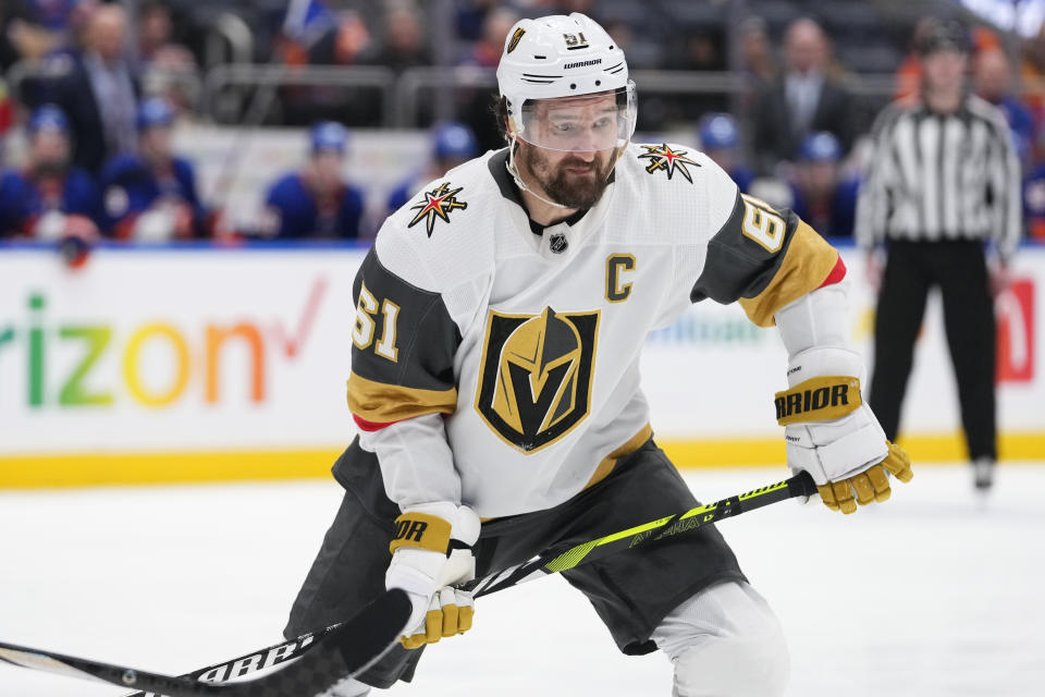 FILE - Vegas Golden Knights' Mark Stone (61) plays during the third period of an NHL hockey game against the New York Islanders Tuesday, Jan. 23, 2024, in Elmont, N.Y. Vegas Golden Knights captain Mark Stone has been cleared to return to practice on a limited basis as he recovers from a lacerated spleen, the team said Friday, April 12, 2024.(AP Photo/Frank Franklin II, File)