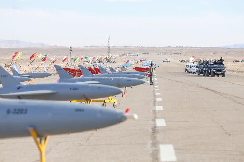 Drones are seen during a large-scale drone combat exercise of Army of the Islamic Republic of Iran, in Semnan