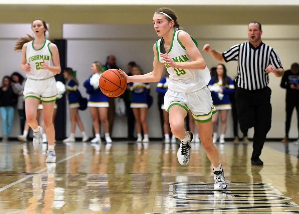 O'Gorman's Mahli Abdouch dribbles down the court during a basketball game against Washington on Friday, February 11, 2022 at O'Gorman High School in Sioux Falls.