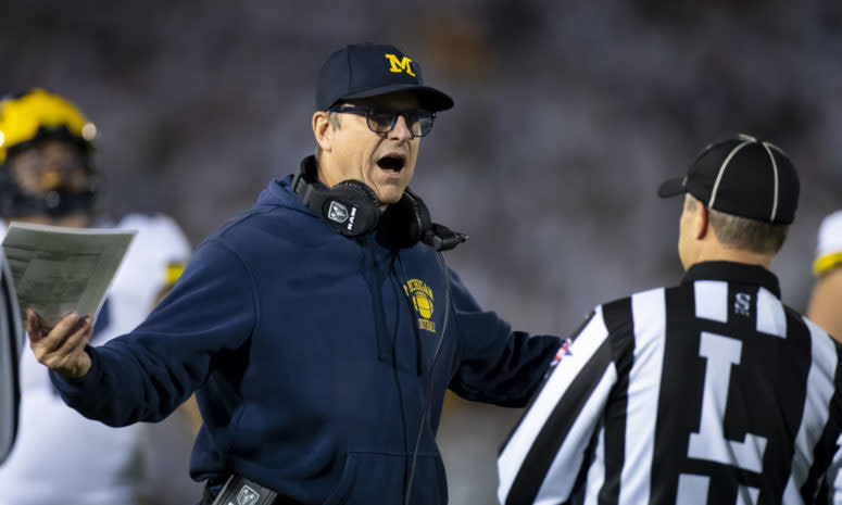 Michigan head coach Jim Harbaugh on the sideline against Penn State.