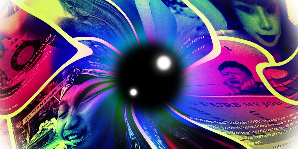A psychedelic eyeball with tik tok videos reflecting off it